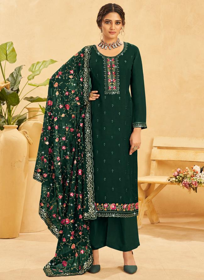 Organza Silk Green Traditional Wear Embroidery Work Palazzo Suit